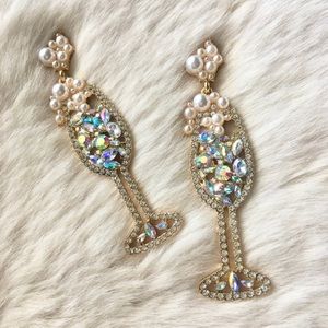 Celebration Champagne Glass Rhinestone Beaded Pearls Stud Dangling Earrings